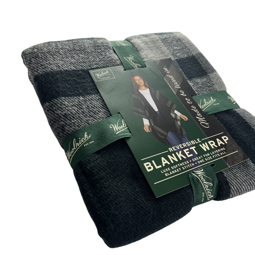 Woolrich Reversible Blanket Wrap Women Black Grey Plaid Green Label WR006378 A37